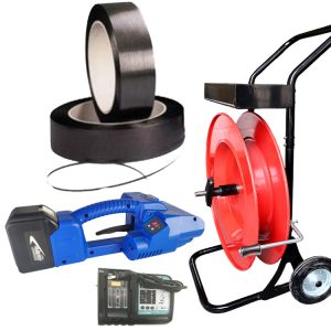 NEO2 9-16mm PET PP akülü çember makinesi seti, şarj cihazı ve PP çember ile, set görünümü
